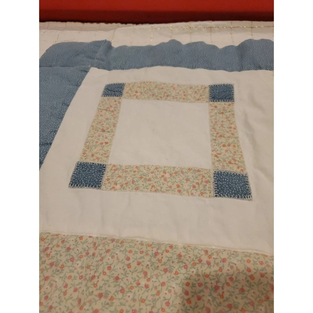 Small baby‎ quilt Blue Beige Bunny Flowers Heart Vtg Square 32Lx34W 90's
